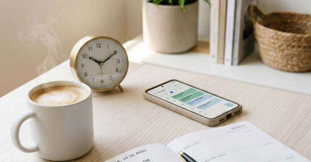 Uma fotografia em formato vertical, com iluminação natural vinda de uma janela à esquerda, captura uma mesa de madeira clara organizada. No centro, um planner aberto exibe uma lista de tarefas escrita em português, com uma caneta preta sobre a página direita. À esquerda do planner, há uma xícara de café fumegante e um relógio de mesa dourado. Um smartphone com um calendário aberto está posicionado logo acima do planner. Ao fundo, uma prateleira branca acomoda um vaso com folhagens verdes, livros e uma cesta de palha. A paleta de cores é neutra e suave, transmitindo uma sensação de calma e produtividade.